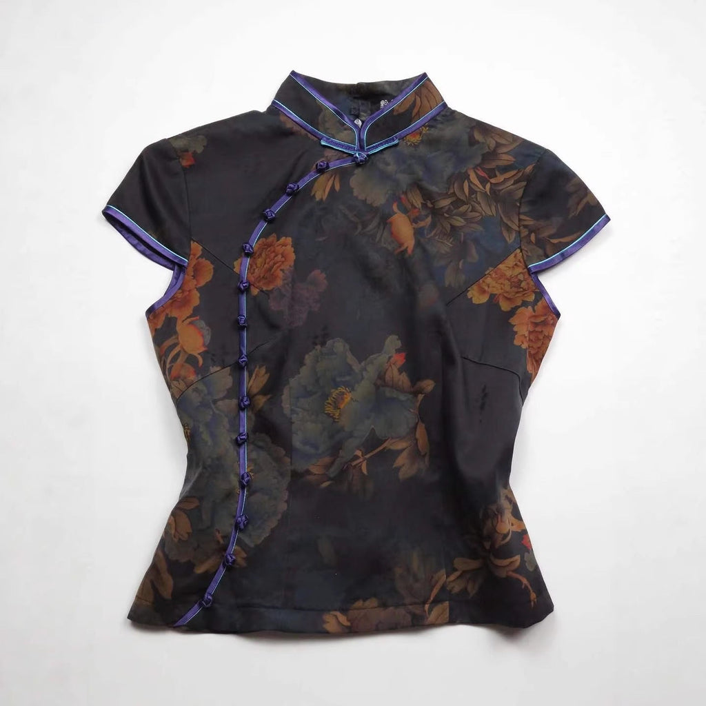 Damen Chinesische Seidenbluse mit floralem Muster Shopnory