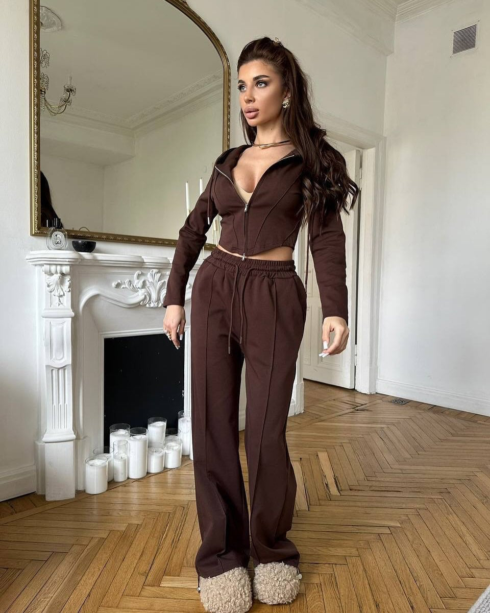 Damen tailliertes Cropped-Kapuzensweatshirt mit verdecktem Reißverschluss und High-Waist Wide-Leg Jogginghose Set Shop Nory