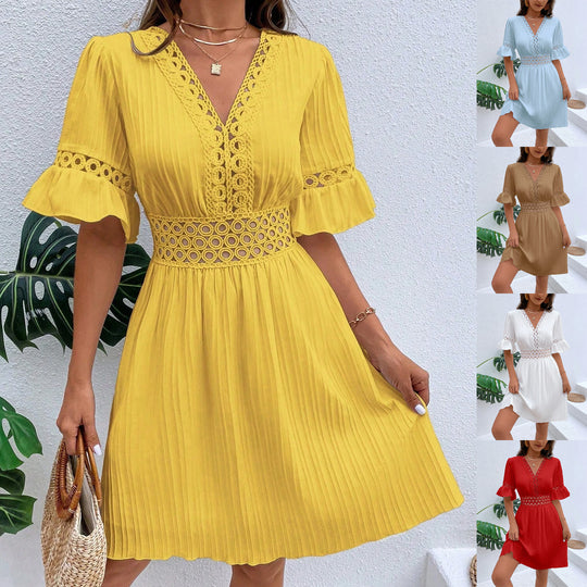 Damen Midikleid mit Plissee, Spitzeneinsatz in der Taille und Volantärmeln Shop Nory
