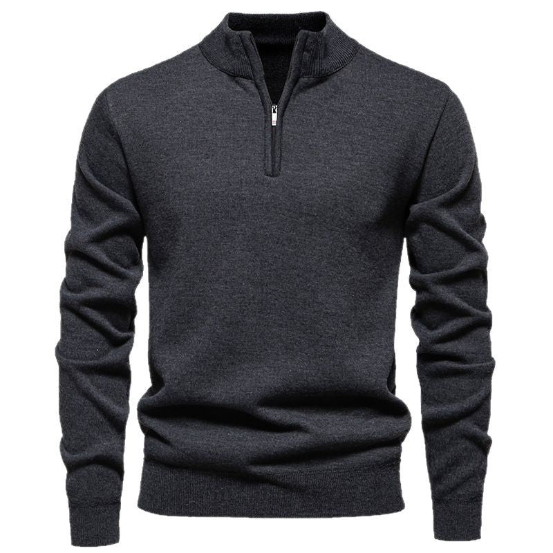 Herren Slim-Fit Feinstrickpullover mit kurzem Reißverschluss, Stehkragen und geripptem Bund Shop Nory