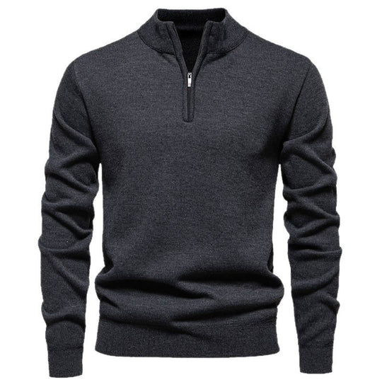 Herren Slim-Fit Feinstrickpullover mit kurzem Reißverschluss, Stehkragen und geripptem Bund Shop Nory
