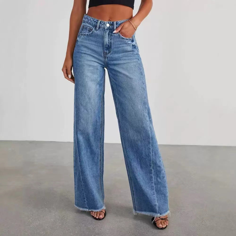Damen Hochbund-Jeans mit weitem Bein und ausgefranstem Saum Shop Nory