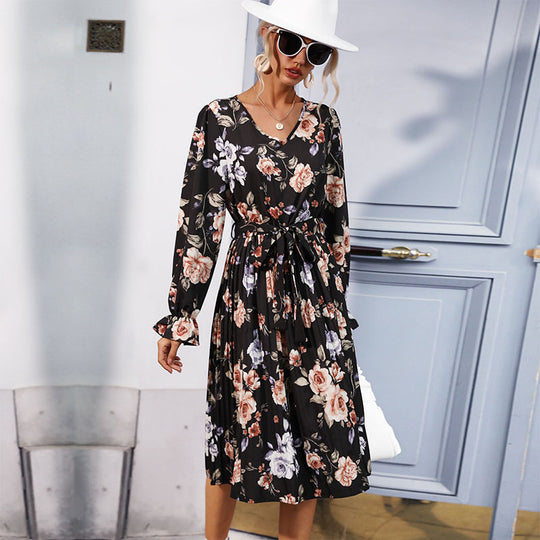 Damen Blumen-Midikleid mit V-Ausschnitt, plissiertem Rock und Taillengürtel Shop Nory