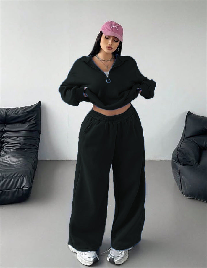 Damen Samt-Cropped-Ziphoodie und weit geschnittene High-Waist Palazzo-Jogginghose Shop Nory