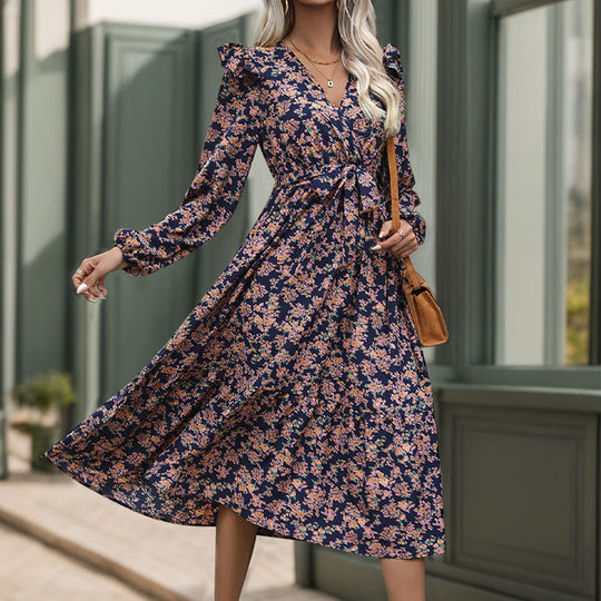 Damen Wickel-Midikleid mit V‑Ausschnitt, Volant-Schultern & Taillenband Shop Nory