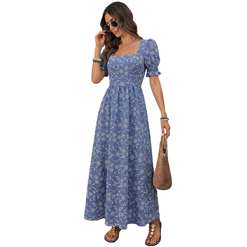 Damen Langes Leichtes Sommer-Maxikleid mit quadratischem Ausschnitt, Puffärmeln und floraler Stickoptik Shop Nory