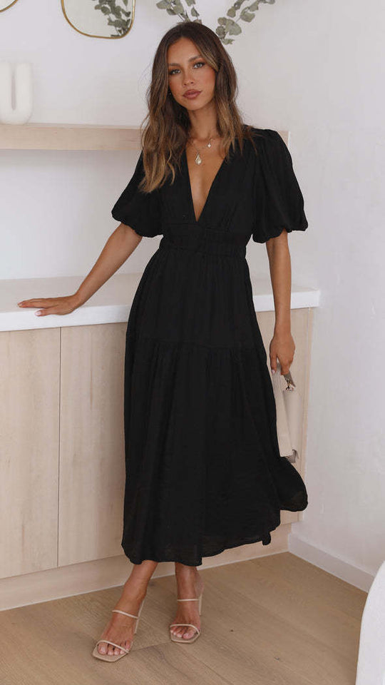 Damen Maxikleid mit weiten Puffärmeln und elastischem Taillenzug