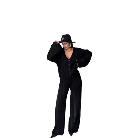 Damen Rippstrick-Cardigan mit überlangen Ärmeln und passender High-Waist-Loungehose Shop Nory