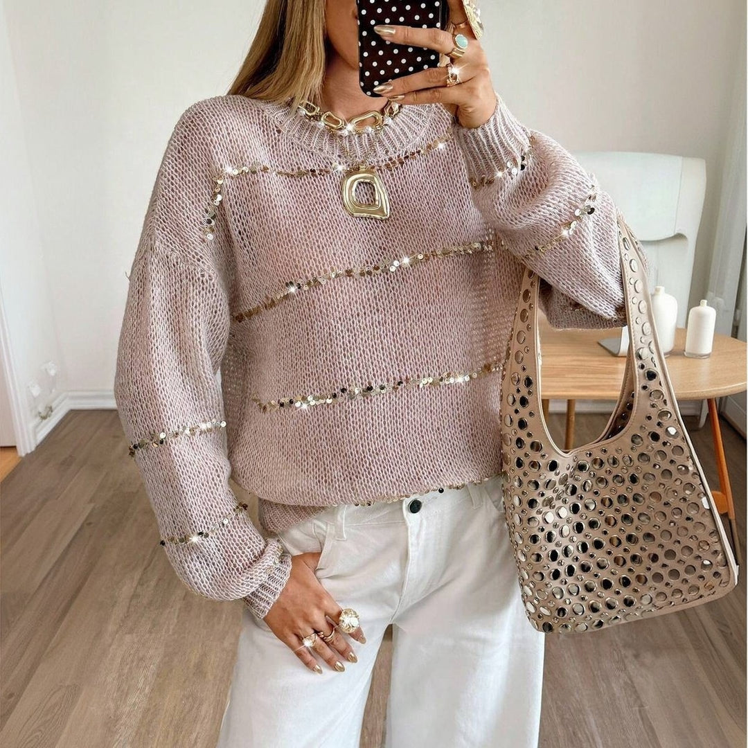 Damen Grobstrick-Pullover mit Paillettenstreifen, Oversize-Schnitt & Rundhalsausschnitt Shop Nory