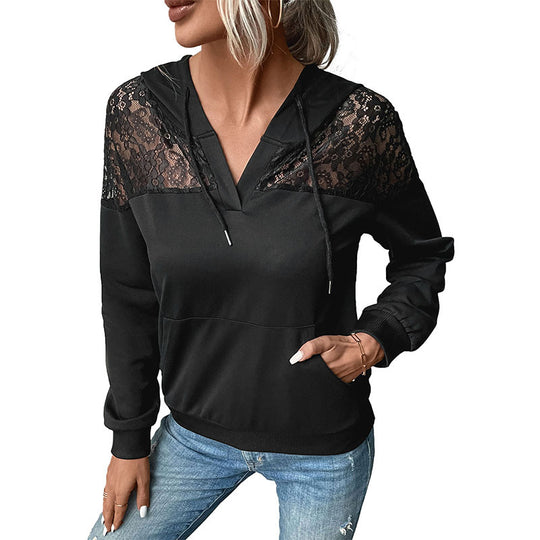Damen Hoodie mit V-Ausschnitt, Spitzen-Schulterbesatz und Kängurutasche Shop Nory