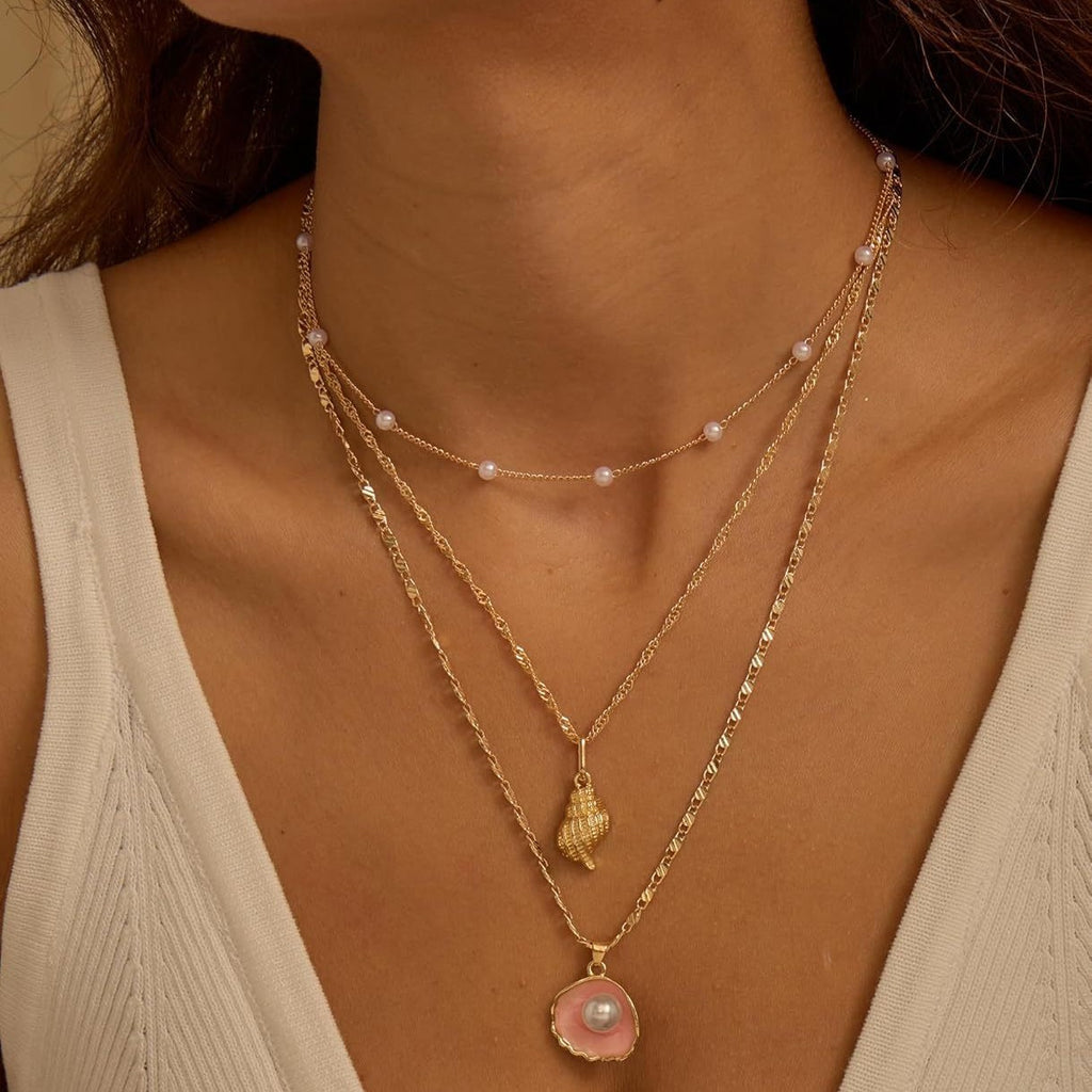 Damen mehrlagige Halskette mit Muschel- und Perlenanhängern Shop Nory