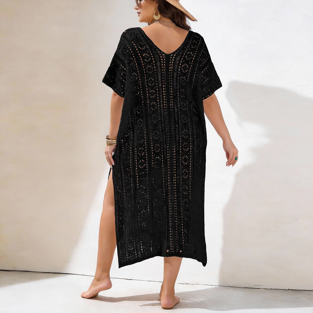 Damen Häkelstrandkleid mit V-Ausschnitt und seitlichem Schlitz