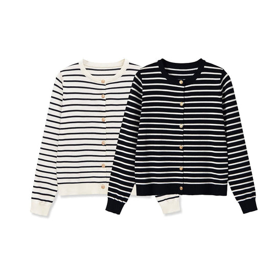 Damen Gestreifter Feinstrick-Cardigan mit Rundhals und Zierknöpfen Shop Nory