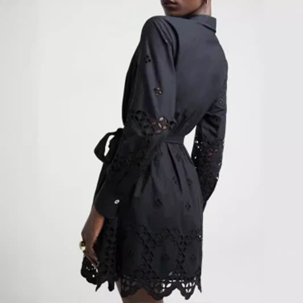 Damen Hemdblusenkleid mit Lochstickerei und Taillengürtel Shop Nory