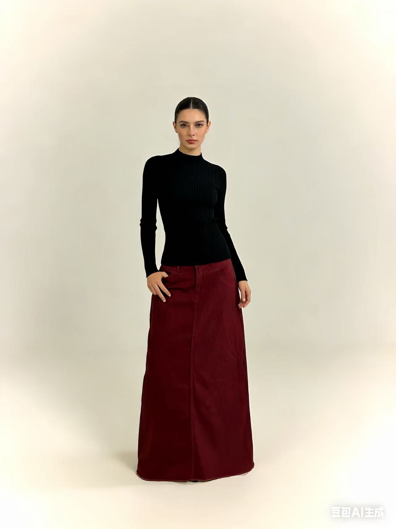 Damen Maxi-Denim-Rock mit hohem Bund und fransigem Saum