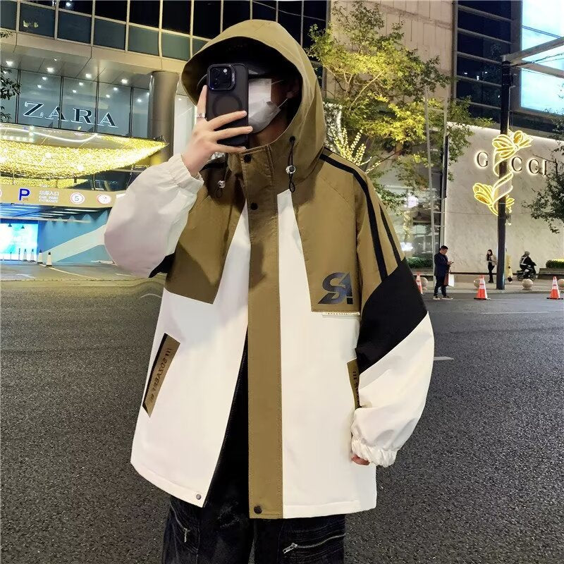 Herren Colourblock-Utility-Outdoorjacke mit Kapuze, Kontraststreifen und verdecktem Reißverschluss Shop Nory
