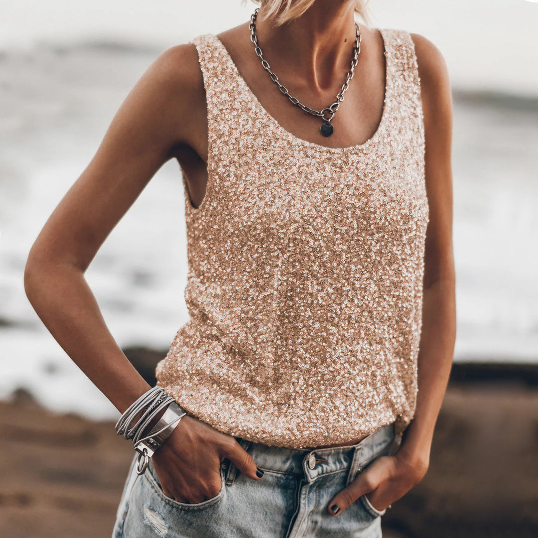 Damen Glitzerndes Top mit tiefem Rundhalsausschnitt und leichter A-Linie