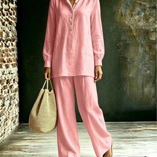 Damen Tunika-Hose Set aus Leinenoptik mit Hemdkragen und weitem Schnitt Shop Nory