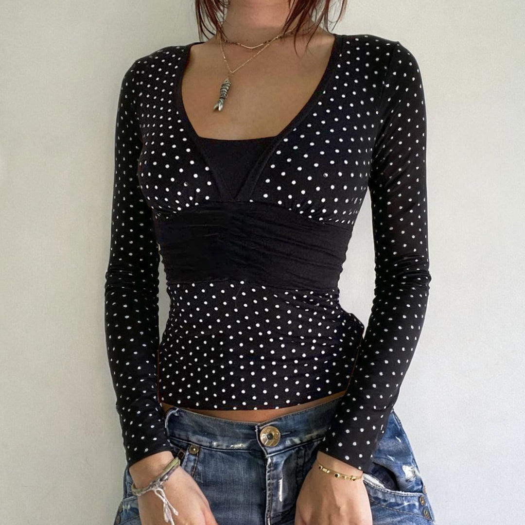 Damen nan taillierte Wickelbluse mit Polka‑Dot Muster, tiefem V‑Ausschnitt und breitem Taillenband Shop Nory