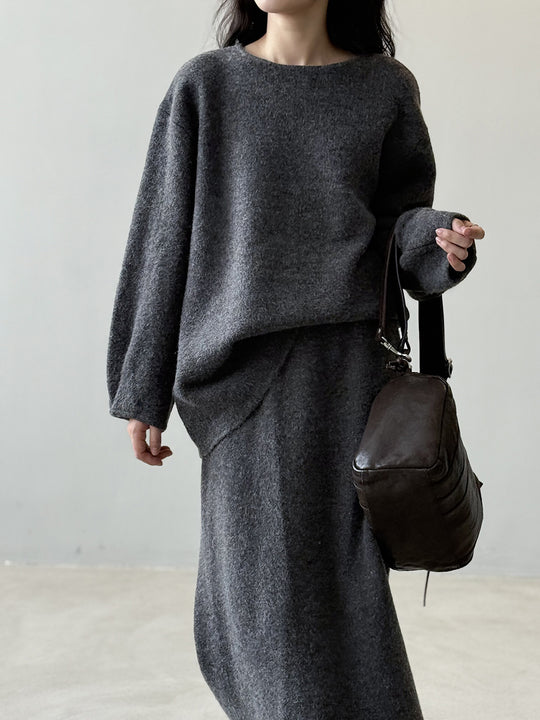 Damen Kuscheliges Strick-Set Oversize-Pullover mit weitem Rundhalsausschnitt und Midirock Shop Nory