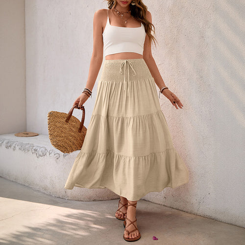 Damen Stufiger Maxi‑Rock mit Smokbund, Tunnelzug und luftiger Leinenoptik Shop Nory