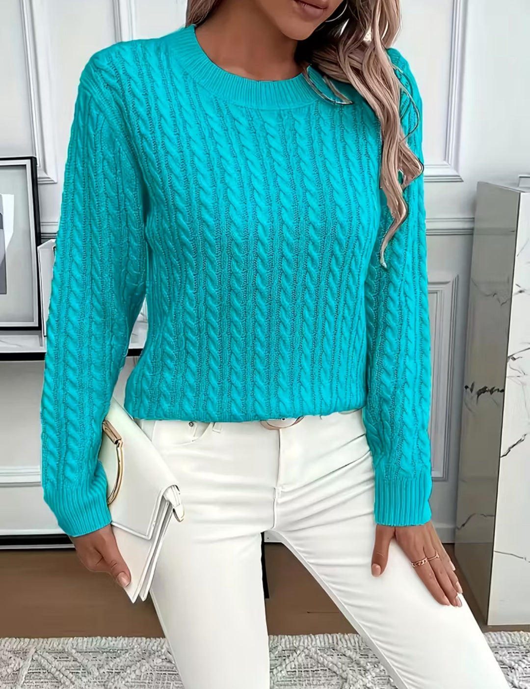Damen Kurz geschnittener Zopfmuster-Strickpullover mit Rundhalsausschnitt Shop Nory