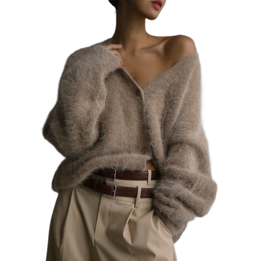 Damen Flauschige Mohair-Optik Strickjacke mit V-Ausschnitt und Oversize-Schnitt Shop Nory
