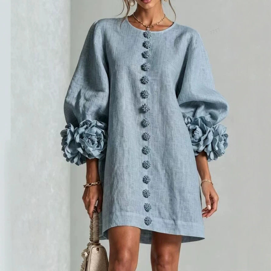 Damen Midikleid mit voluminösen Puffärmeln, 3D-Blütenknopfleiste und Leinenstruktur Shop Nory