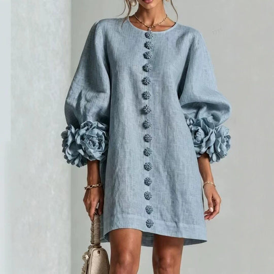 Damen Midikleid mit voluminösen Puffärmeln, 3D-Blütenknopfleiste und Leinenstruktur Shop Nory