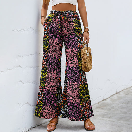 Damen Weite High-Waist Palazzo-Hose mit floralem Patchworkprint, Tunnelzug und Seitentaschen Shop Nory