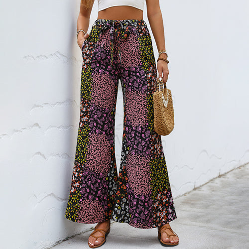 Damen Weite High-Waist Palazzo-Hose mit floralem Patchworkprint, Tunnelzug und Seitentaschen Shop Nory
