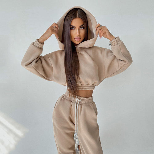 Damen cropped Stehkragen-Sweatset mit elastischem Taillenbund und hochtaillierter Tapered-Jogginghose Shop Nory
