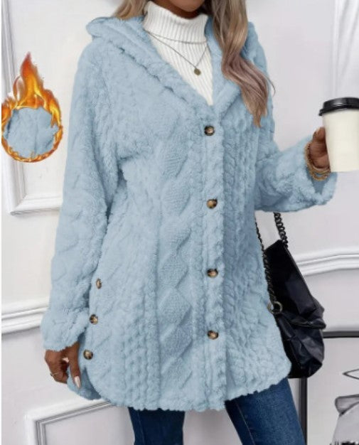 Damen nan gefütterter Kapuzen-Teddy-Mantel mit Zopfmuster, dekorativen Knöpfen und warmem Fleecefutter Shop Nory