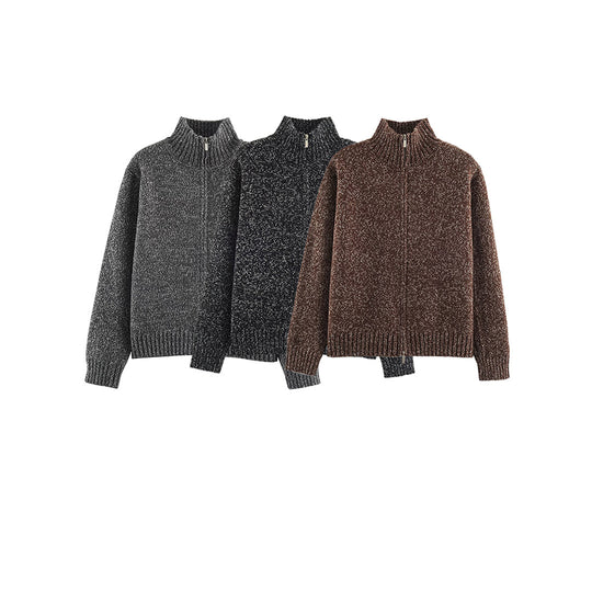 Damen Grobgestrickter Reißverschluss-Pullover mit Stehkragen und geripptem Saum Shop Nory