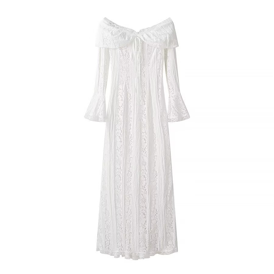 Damen Maxikleid aus Spitze mit schulterfreiem Carmenausschnitt und Glockenärmeln Shop Nory