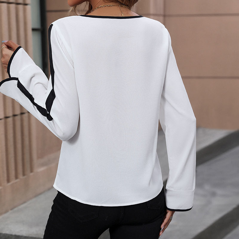 Damen Elegante Chiffon-Bluse mit Kontrastpaspel, SchleifenbindShop Noryand und Trompetenärmeln Shop Nory