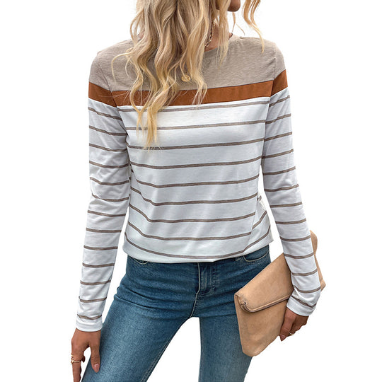 Damen Langarm-Shirt mit feinem Streifenmuster, Kontrast-Schulterpasse und Rundhalsausschnitt Shop Nory