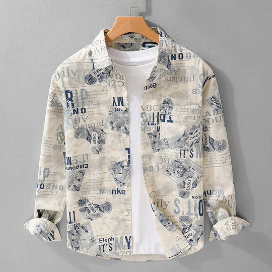 Herren Overshirt aus Baumwoll‑Leinen mit typografischem Zeitungsprint und Relaxed‑Fit Shop Nory
