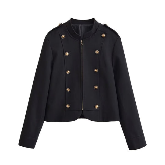 Damen taillierte Kurzjacke im Militärstil mit dekorativer Doppelknopfleiste, Reißverschluss und Schulterpatten Shop Nory