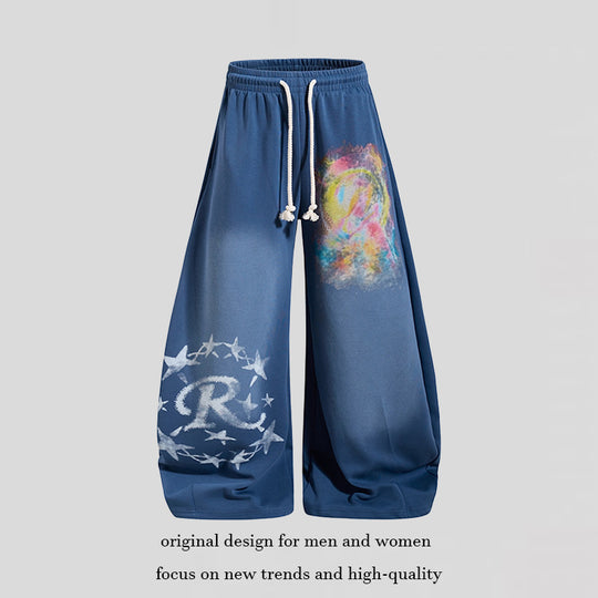 Damen Weite Palazzo-Sweathose mit elastischem Bund, Kordelzug und kreativen Allover-Prints Shop Nory