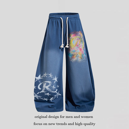 Damen Weite Palazzo-Sweathose mit elastischem Bund, Kordelzug und kreativen Allover-Prints Shop Nory
