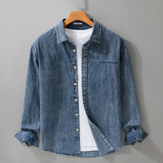 Herren entspanntes Denim-Overshirt mit Knopfleiste und Bruststickerei Shop Nory