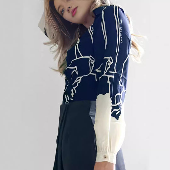 Damen V-Ausschnitt-Bluse mit abstraktem Grafikprint, Ballonärmeln und kontrastierenden Manschetten Shop Nory
