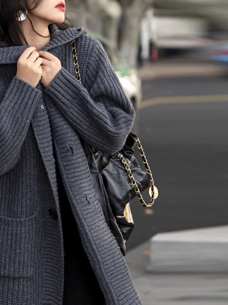 Damen Langer Kapuzen-Cardigan aus grobem Rippstrick mit Eingrifftaschen Shop Nory