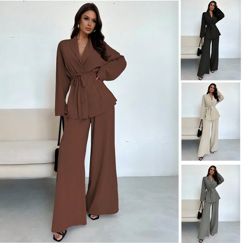 Damen Entspannter Wickelblazer und Weite-Hosen Set Shop Nory