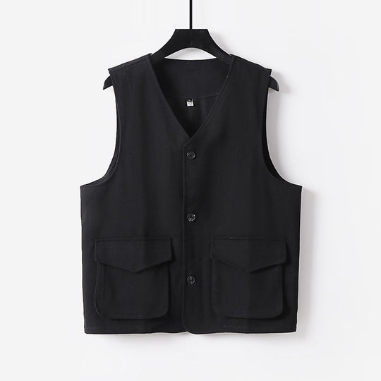 Herren Utility-Weste mit V-Ausschnitt, Knopfleiste und aufgesetzten Klappentaschen Shop Nory