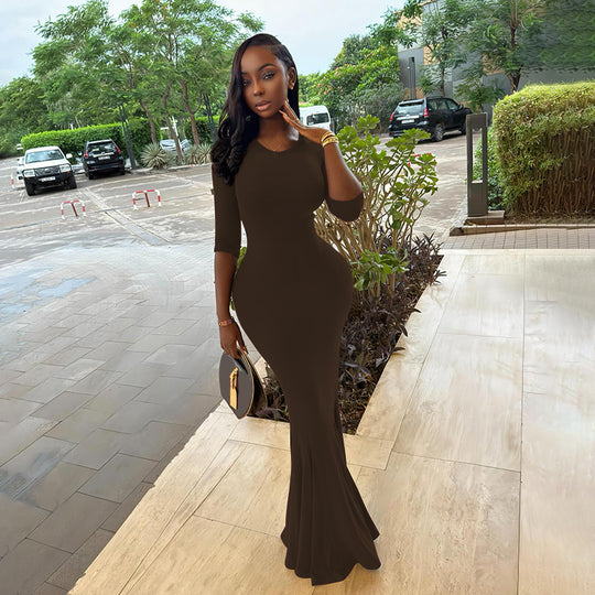 Damen figurbetontes Maxikleid mit Trompetensaum und Dreiviertelärmeln Shop Nory