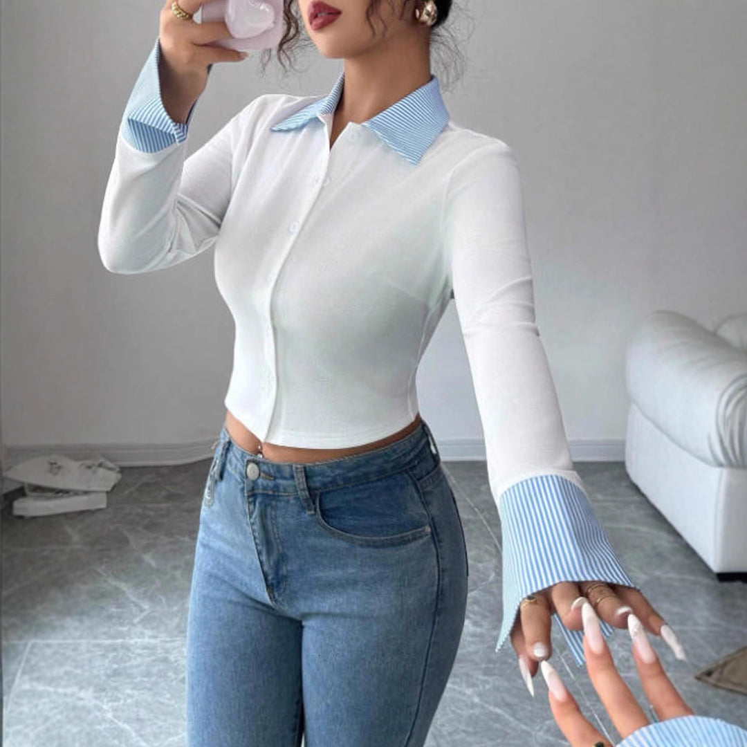 Damen Kurzgeschnittene Feinstrick‑Hemdjacke mit Kontrastkragen und Umschlagmanschetten Shop Nory