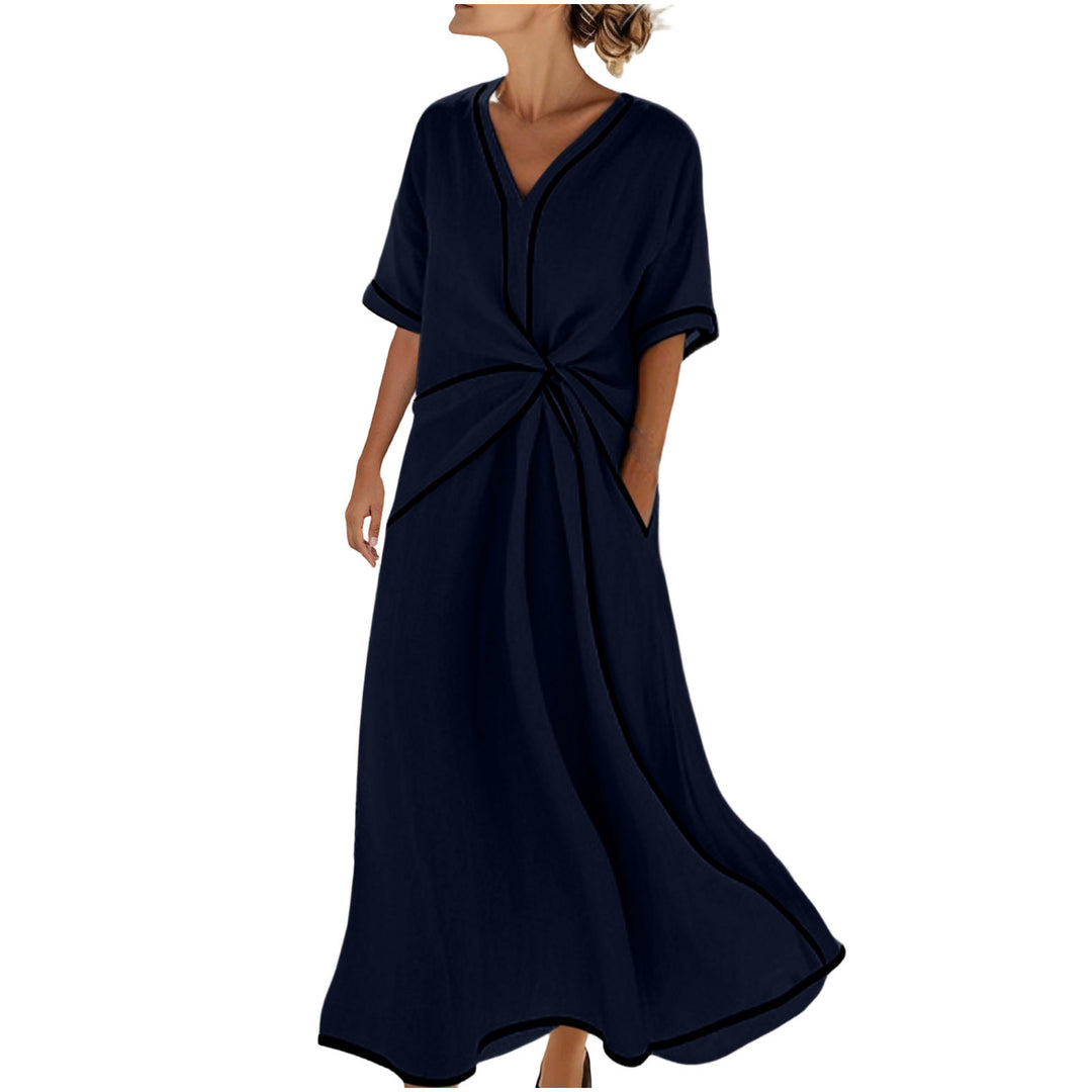 Damen Langes A-Linienkleid mit V‑Ausschnitt, Knoten-Detail und Kontrastpaspel Shop Nory