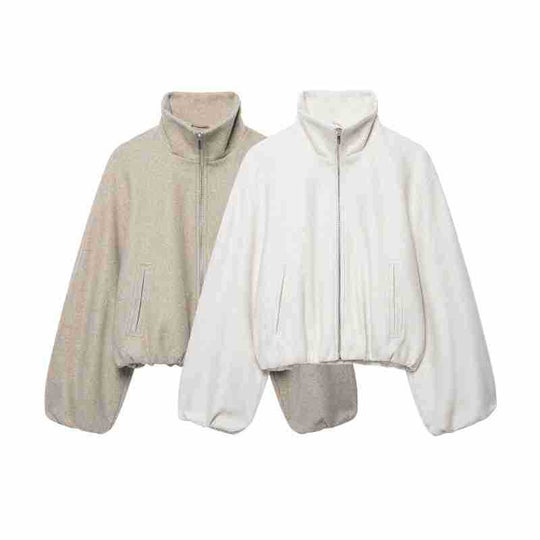 Damen Cropped Wollmix-Blousonjacke mit hohem Funnelkragen, Reißverschluss und gerafftem Saum Shop Nory